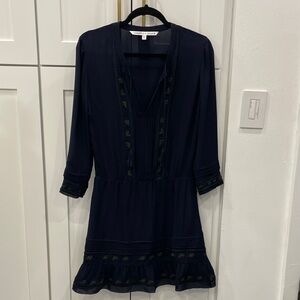 Veronica Beard Navy Blue Katia Silk Embroidered Boho Dress Size 6